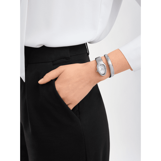 Tadao Ando x Bvlgari Serpenti Tubogas Limited Edition single-spiral watch in stainless steel with pavé diamonds on the bezel and mother-of-pearl dial. Water-resistant up to 30 metres. SERPENTI-TUBOGAS-TADAO-WINTER image 1