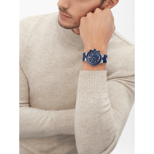 Bvlgari Aluminium Chronograph watch with mechanical manufacture movement, automatic winding and chronograph, 41 mm sandblasted aluminium case, blue rubber bezel and bracelet, and varnish blue dial. Water-resistant up to 100 metres 104234 image 1