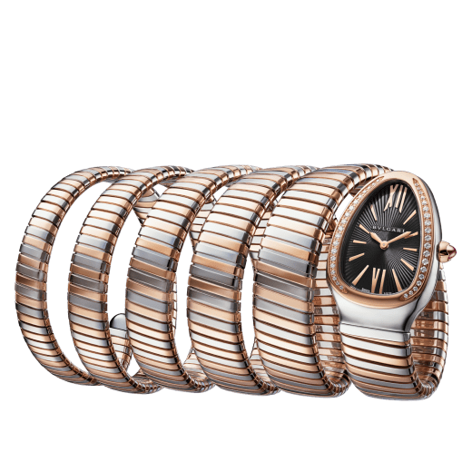 Serpenti Tubogas seven-spiral watch with stainless steel case, 18 kt rose gold bezel set with brilliant cut diamonds, black lacquered dial, 18 kt rose gold and stainless steel bracelet. 102621 image 1