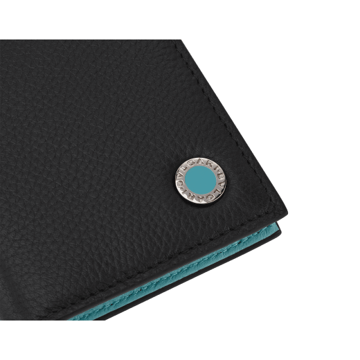 BULGARI BULGARI Man vertical card holder in soft black full-grain calf leather with watercolor opal light blue nappa leather interior. Iconic palladium-plated brass embellishment with watercolor opal light blue enamel, and folded closure. 292675 image 4