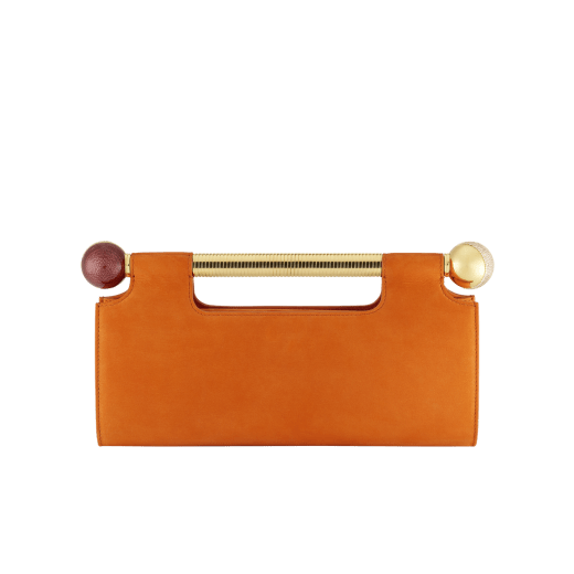 Tubogas Spheres clutch in Terracotta nubuck leather with Terracotta nappa leather lining. Iconic handle in gold-plated brass with spheres at both ends embellished with Roman garnet, citrine enamel and zirconia; magnetic closure. 295689 image 1