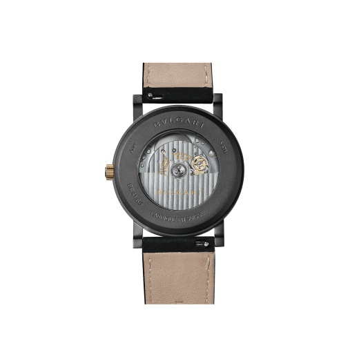 BVLGARI BVLGARI Solotempo watch with mechanical manufacture movement, automatic winding and date, stainless steel case treated with black Diamond Like Carbon and bezel engraved with double logo, black dial, black rubber bracelet and interchangeable brown calf leather bracelet 102929 image 3
