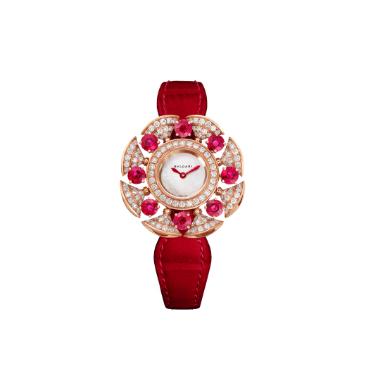 DIVAS' DREAM High Jewelry watch with 18 kt rose gold case set with round brilliant-cut diamonds (F-G VVS, ~2 ct) and 8 brilliant-cut rubies (~3.6 ct), mother-of-pearl dial and red alligator bracelet. Water-resistant up to 30 meters. 103754 image 1