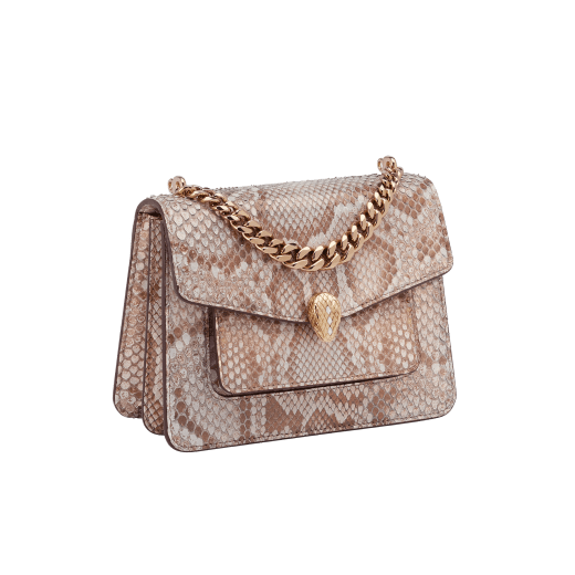 Serpenti Forever Maxi Chain medium crossbody bag in coral carnelian orange Mystical python skin with coral carnelian orange nappa leather lining. Captivating snakehead closure in rose gold-plated brass embellished with mother-of-pearl scales and red enamel eyes. MC-MP-CC image 2