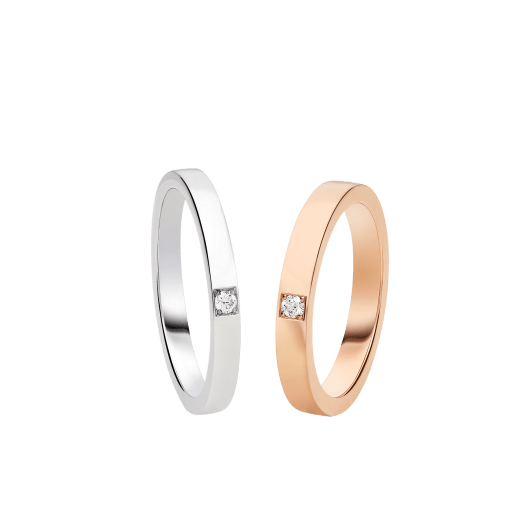 MarryMe wedding bands in 18 kt rose gold and platinum, both set with one diamond. A distinctive couples' ring set fusing modern design with timeless elegance. MARRYME-COUPLES-RINGS-3 image 1