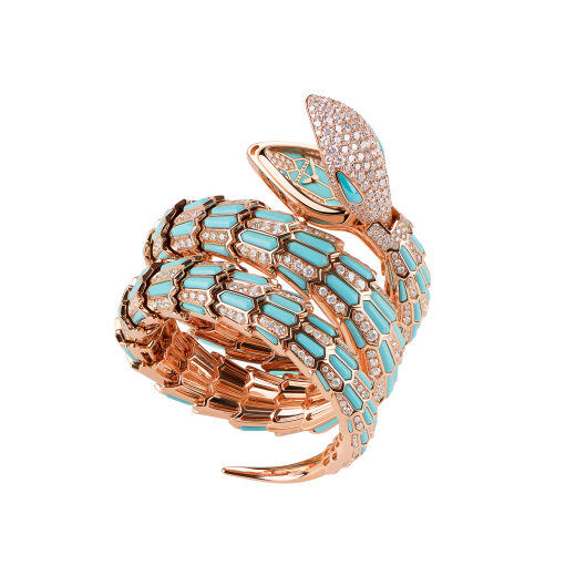 Serpenti Secret Watch with 18 kt rose gold head set with brilliant cut diamonds and turquoise eyes, 18 kt rose gold case, 18 kt rose gold dial and double spiral bracelet, both set with brilliant cut diamonds and turquoises. 102142 image 1