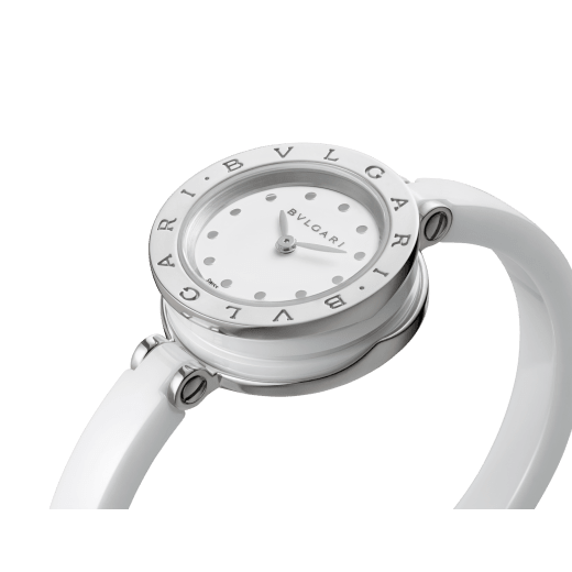 B.zero1 watch with stainless steel and white ceramic case, white lacquered dial and white ceramic bangle with stainless steel clasp. B01watch-white-white-dial image 3