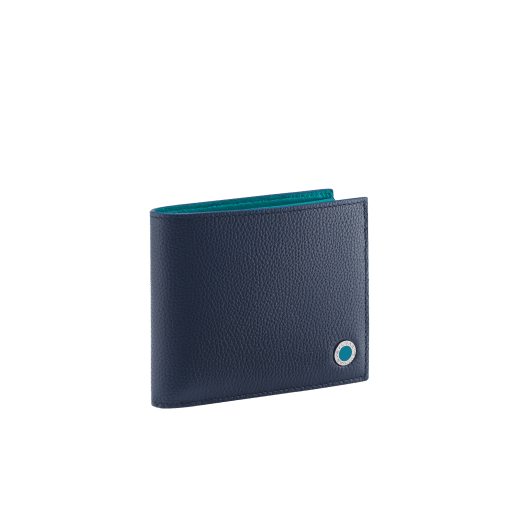 BULGARI BULGARI Man hipster compact wallet in soft, denim sapphire blue full-grain calf leather with tropical turquoise light blue nappa leather interior. Iconic palladium plated-brass embellishment with tropical turquoise light blue enamel, and folded closure. BBM-WLT-HIPST-8C-SFGCL image 1