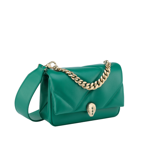 Serpenti Cabochon Maxi Chain mini crossbody bag in soft flash diamond calf leather with maxi graphic quilted motif and deep jade green nappa leather lining. Captivating snakehead magnetic closure in light gold-plated brass embellished with white mother-of-pearl scales and red enamel eyes. 1164-NSMa image 2