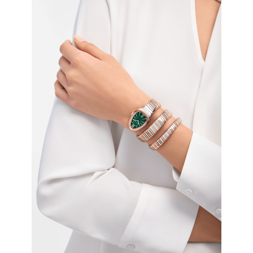 Serpenti Tubogas double-spiral watch in 18 kt rose gold and stainless steel with diamond-set bezel and green lacquered soleil dial. Water-resistant up to 30 metres SERPENTI-TUBOGAS-2T-greenDialDiam image 1