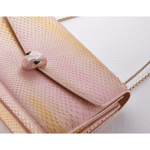 Serpenti Forever medium shoulder bag in pyrite Decò gold python skin with crystal rose nappa leather lining. Captivating snakehead magnetic closure in light gold-plated brass embellished with caramel topaz beige and white mother-of-pearl enamel scales, and black onyx eyes. 292077 image 6