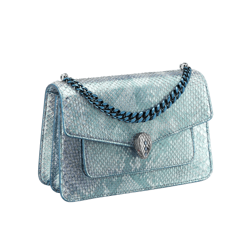 "Serpenti Forever" small maxi chain crossbody bag in Aquamarine light blue "Afterglow" python skin with a pearled effect, and an Aquamarine light blue nappa leather internal lining. New Serpenti head closure in dark ruthenium-plated brass, finished with small grey mother-of-pearl scales in the middle, and red enamel eyes. MCN-AP-A image 2