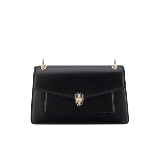 Serpenti Forever medium shoulder bag in black calf leather with black nappa leather lining. Captivating snakehead magnetic closure in light gold-plated brass embellished with beige noisette enamel and light gold-plated brass scales, and black onyx eyes. SEA-001-1344M image 1