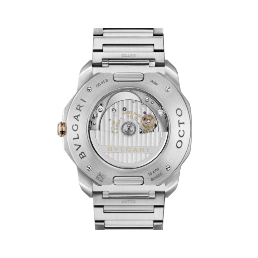 Octo Roma automatic watch with interchangeable blue rubber strap, satin-polished stainless steel case and bracelet, 18 kt rose gold bezel and blue Clous de Paris dial. Mechanical automatic in-house movement. Water-resistant up to 100 metres. 103926 image 4