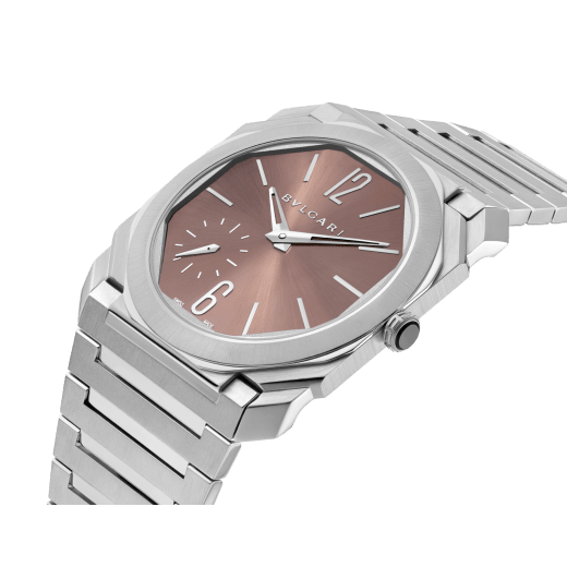Octo Finissimo Automatic watch in satin-polished stainless steel with mechanical manufacture ultra-thin movement (2.23 mm thick), automatic winding and sun-brushed metallic salmon dial with rhodium applied stickers. Water resistant up to 100 meters. 103856 image 2