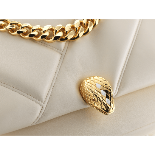 "Serpenti Cabochon" small maxi chain crossbody bag in soft quilted Ivory Opal white calf leather, with a maxi graphic motif, and black nappa leather internal lining. New Serpenti head closure in gold plated brass, finished with small white mother-of pearl scales in the middle and red enamel eyes. 1165-NSMb image 5