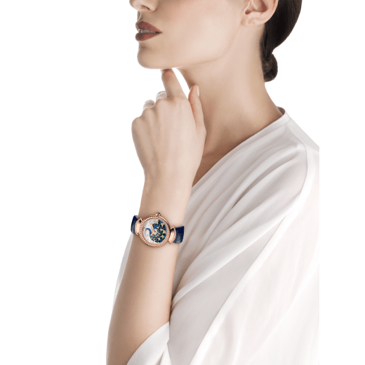 DIVAS' DREAM watch with 18 kt rose gold case set with brilliant-cut diamonds, mother-of-pearl dial with hand-painted peacock set with diamonds and dark blue alligator bracelet 102741 image 1