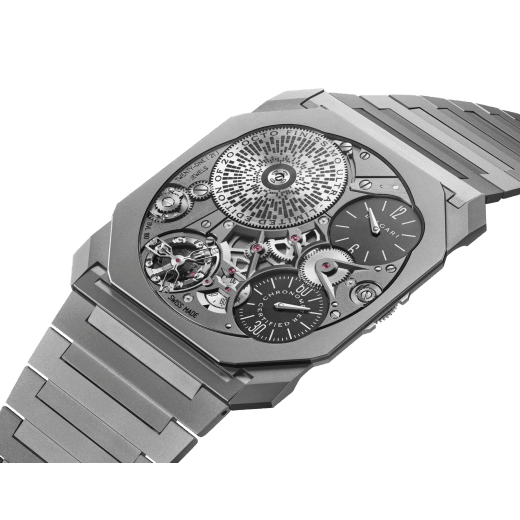 Octo Finissimo Ultra COSC watch with mechanical manufacture ultra-thin COSC-certified movement, manual winding, sandblasted titanium case (1.70 mm thick) and bracelet (1.50 mm thick), openwork dial, and sandblasted stainless steel ratchet. Limited Edition of 20 pieces. 104081 image 2