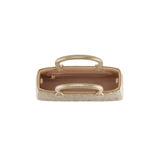 Serpentine Duo tote bag in a topaz and platinum Calla Crystals pattern on suede with a bright Travertino nappa leather lining. Captivating double-head snake body-shaped handles in gold-plated brass embellished with engraved scales. 295105 image 3