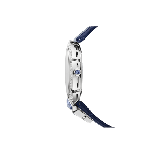 Serpenti Incantati Tourbillon watch with manufacture mechanical skeletonized movement, manual winding, 18 kt white gold case set with brilliant cut diamonds and a tanzanite, transparent dial and blue alligator bracelet. 102723 image 3