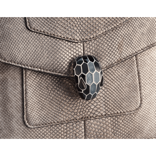 “Serpenti Forever ” top handle bag in Forest Emerald green shiny karung skin with Zircon bay blue gros grain internal lining. Iconic snakehead closure in light gold plated brass enriched with black and white agate enamel and green malachite eyes 1122-SK image 5