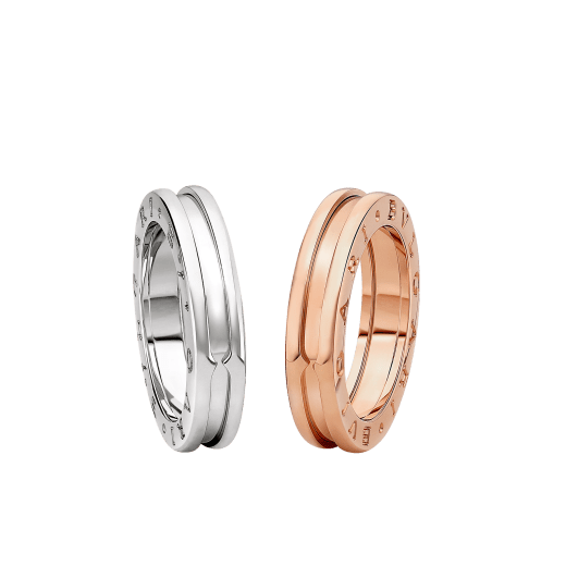 B.zero1 one-band couples' rings in 18 kt rose gold and 18 kt white gold. A distinctive ring set fusing visionary design with bold charisma. BZERO1-COUPLES-RINGS image 1