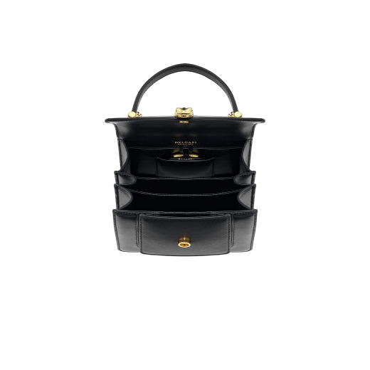 "Serpenti Forever" small maxi chain top-handle bag in black nappa leather, with black nappa leather inner lining. New Serpenti head closure in gold-plated brass, finished with small black onyx scales in the middle, and red enamel eyes. 1133-MCNb image 7