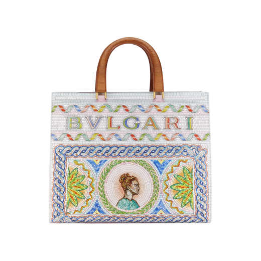 Casablanca x Bulgari large tote bag in soft grain printed calf leather featuring a Roman mosaic pattern, with dusty pink calf leather sides and dusty pink grosgrain lining. Iconic multicolour Bulgari decorative logo, gold-plated brass hardware and magnetic closure. 292416 image 1