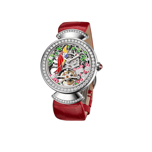 DIVAS' DREAM watch with 18kt white gold mechanical manufacture skeletonized movement and tourbillon. 18 kt white gold case set with brilliant-cut diamonds, dial with hand painted parrot, flowers and leaves set with diamonds and red alligator bracelet 102517 image 2