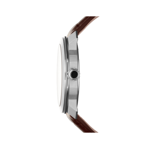 Octo Roma watch with mechanical manufacture movement, automatic winding, stainless steel case, dark brown lacquered dial and brown alligator bracelet. 102705 image 3