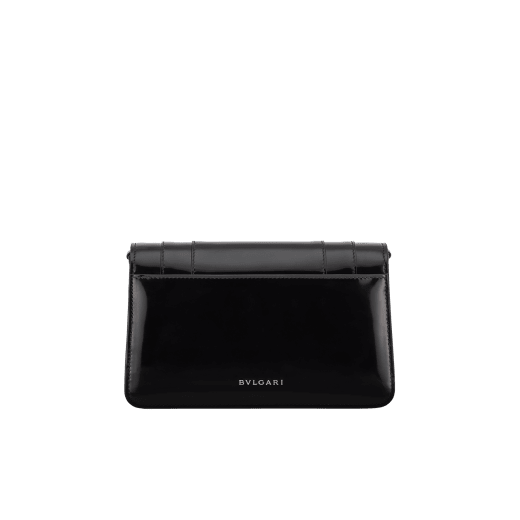 Serpenti Forever East-West small shoulder bag in black Shiny Brushed calf leather with black nappa leather lining. Captivating snakehead magnetic closure in dark ruthenium-plated brass embellished with black enamel and dark ruthenium-plated brass scales, and black onyx eyes. 1237-CLd image 3