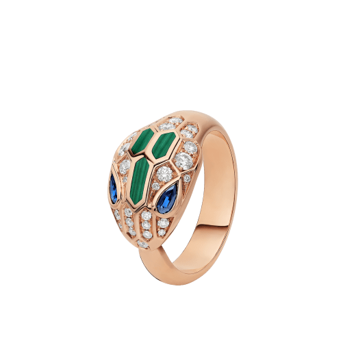Serpenti 18 kt rose gold ring set with blue sapphire eyes, malachite elements and pavé diamonds. AN858587 image 1