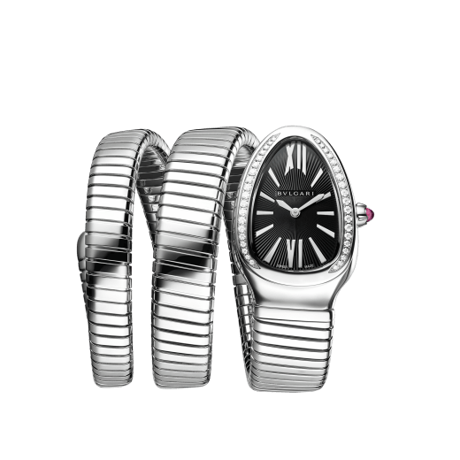Serpenti Tubogas Lady watch, 35 mm stainless steel curved case and bezel set with diamonds, stainless steel crown set with a cabochon cut rubellite, black dial with guilloché soleil treatment and double spiral stainless steel bracelet. Quartz movement hours and minutes functions. Water proof 30 m. 103433 image 1