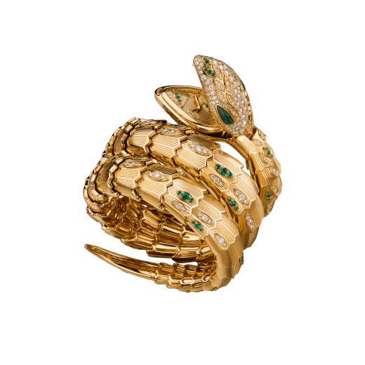 Serpenti Secret Watch with 18 kt yellow gold head set with brilliant cut diamonds, brilliant cut emeralds and malachite eyes, 18 kt yellow gold case, 18 kt yellow gold dial and double spiral bracelet, both set with brilliant cut diamonds and brilliant cut emeralds. 101999 image 1