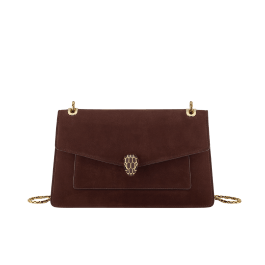 Borsa a spalla media Serpenti Forever in nabuk marrone castagna con fodera in nappa marrone castagna. Accattivante chiusura magnetica Serpenti in ottone placcato oro con squame in smalto marrone castagna e occhi in onice nera. 295078 image 1
