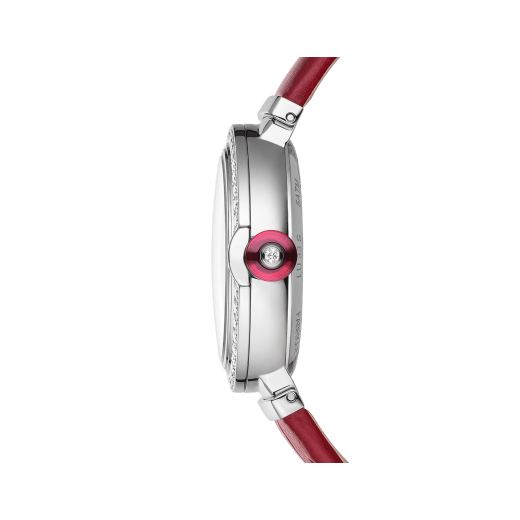 LVCEA Lady Watch , 28 mm stainless steel case and crown with a synthetic cabochon-cut rubellite and 1 round diamond. Pink mother-of-pearls dial intarsio marquetery with 11 round brilliant cut diamonds indexes. Mechanical movement with automatic winding, hours, minutes, seconds and date functions. Frequency 28'800 VpH (4Hz), 25 jewels. Diameter: 25.60 mm, thickness: 3.60mm, Power reserve 42 hours. Pink alligator strap with stitches links to the case set with diamonds and steel ardillon buckle. Water proof 50 m. 103618 image 3