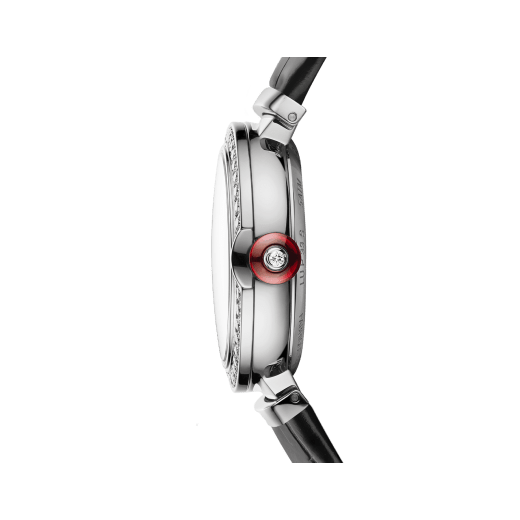 LVCEA watch with mechanical manufacture movement with automatic winding, polished stainless steel case set with diamonds, white mother-of-pearl marquetry dial, 11 diamond indexes and black alligator bracelet. Water-resistant up to 50 metres 103476 image 3