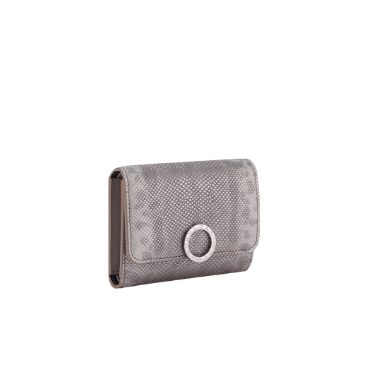 BULGARI BULGARI compact yen wallet in silver pearled karung skin outside with foggy opal grey nappa leather interior. Iconic palladium-plated brass clip with flap closure. 293496 image 1