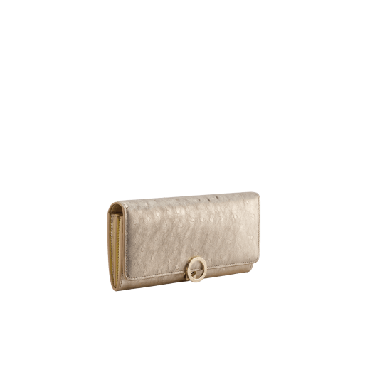 BULGARI BULGARI large wallet in light gold metallic ostrich skin with shell quartz pink nappa leather interior. Iconic light gold-plated brass clip with flap closure. 293282 image 1