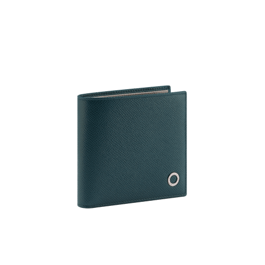 BULGARI BULGARI Man compact wallet in soft black full-grain calf leather with watercolour opal light blue nappa leather interior. Iconic palladium-plated brass embellishment with watercolour opal light blue enamel, and folded closure. BBM-WLT-ITAL-sgcla image 1