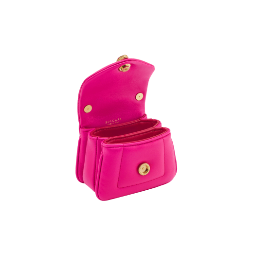Serpenti Reverse micro top handle bag in truly tourmaline fuchsia Metropolitan calf leather with royal ruby red nappa leather lining. Captivating snakehead magnetic closure in gold-plated brass embellished with red enamel eyes. SRV-NANOREVERSE-MCL image 2