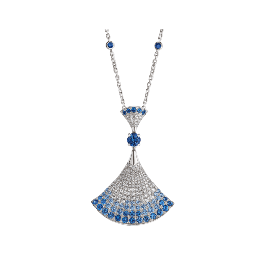 DIVAS' DREAM 18 kt white gold pendant necklace set with one central and other brilliant-cut sapphires (4.34 ct in total), round (0.16 ct) and pavé (0.85 ct) diamonds 358113 image 1