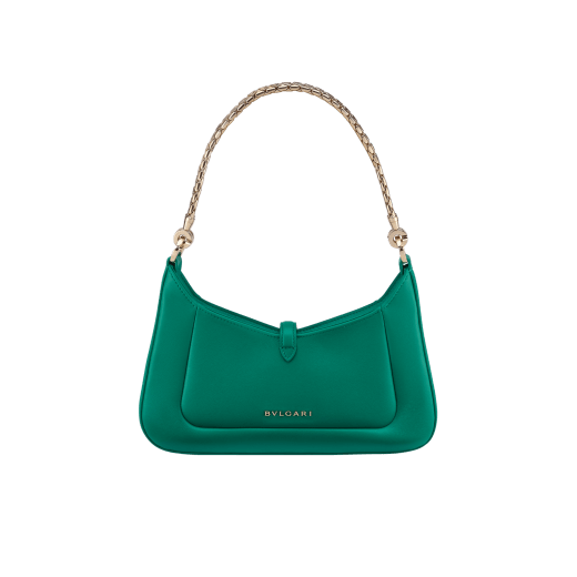 Serpenti Baia small shoulder bag in vivid emerald green Metropolitan calf leather with black nappa leather lining. Captivating snakehead magnetic closure in light gold-plated brass embellished with bright forest emerald green enamel and light gold-plated brass scales, and black onyx eyes; additional zipped top closure. SEA-1274 image 3