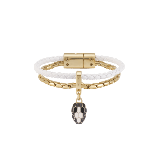 Serpenti Forever bracelet in flash diamond white braided calf leather, with light gold-plated brass chain and magnetic clasp. Captivating snakehead charm with black and white agate enamel scales and black enamel eyes. SERP-BRAIDCHAIN-WCL-FD image 1