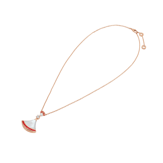DIVAS' DREAM 18 kt rose gold necklace set with mother of pearl elements, a round brilliant-cut diamond and pavé rubies. 358122 image 2