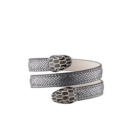 Serpenti Forever multi-coiled rigid Cleopatra bracelet in charcoal diamond metallic karung skin, with brass light gold plated hardware. Iconic double snakehead décor in black and glitter charcoal diamond enamel, with black enamel eyes. Cleopatra-MK-CD image 2