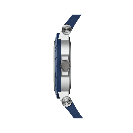 BVLGARI Aluminium GMT watch with mechanical movement, automatic winding, GMT 24h function, 40 mm aluminium case, blue rubber bezel with double logo engraving, blue dial, SLN indexes and hands, titanium caseback, aluminium links and blue rubber bracelet. Water-resistant up to 100 metres 103554 image 3