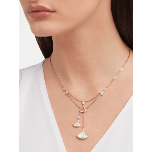 DIVAS' DREAM necklace in 18 kt rose gold with three fan-shaped motifs set with a mother-of-pearl insert and pavé diamonds 358682 image 1