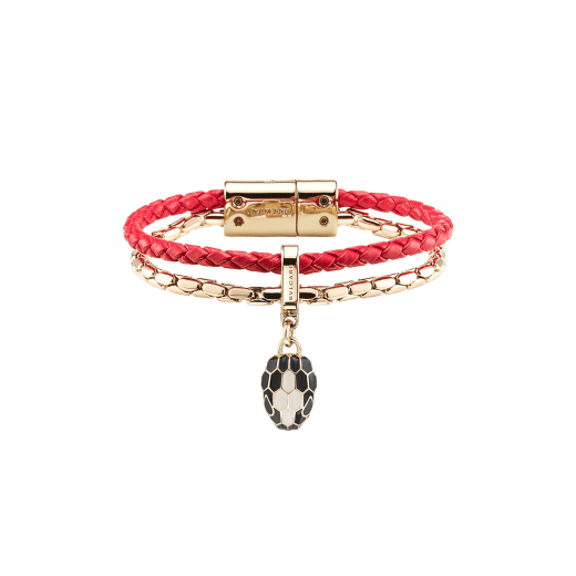 "Serpenti Forever" bracelet in braided, Amaranth Garnet red calfskin with snake body-shaped chain in light gold-plated brass, iconic snakehead charm in black and agate-white enamel, black enamel eyes and magnetic clasp fastening. SerpBraidChain-WCL-AG image 1