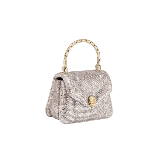 Serpenti Reverse micro top handle bag in white agate metallic karung skin with black nappa leather lining. Captivating snakehead magnetic closure in light gold-plated brass embellished with red enamel eyes. 293440 image 3